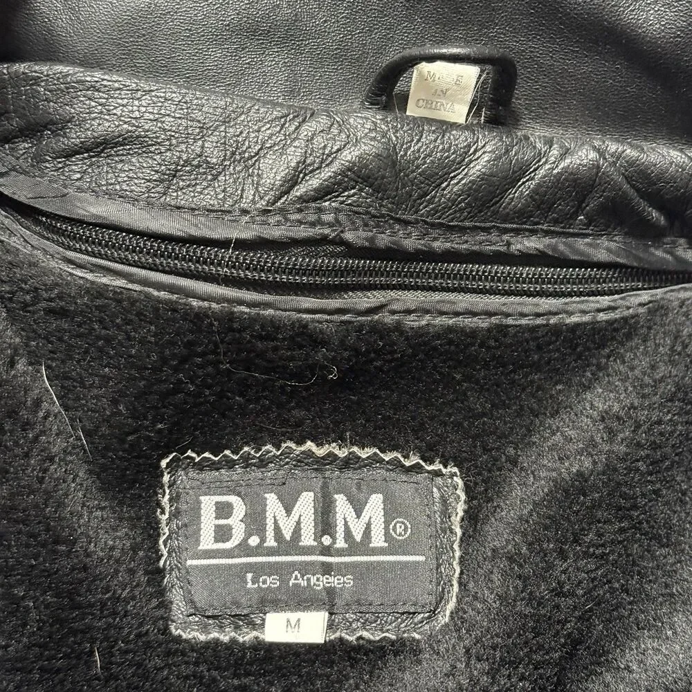 Vtg Leather Bomber Jacket Mens Medium Black USA Flag Biker Grunge Flight 80s 90s - Picture 13 of 14